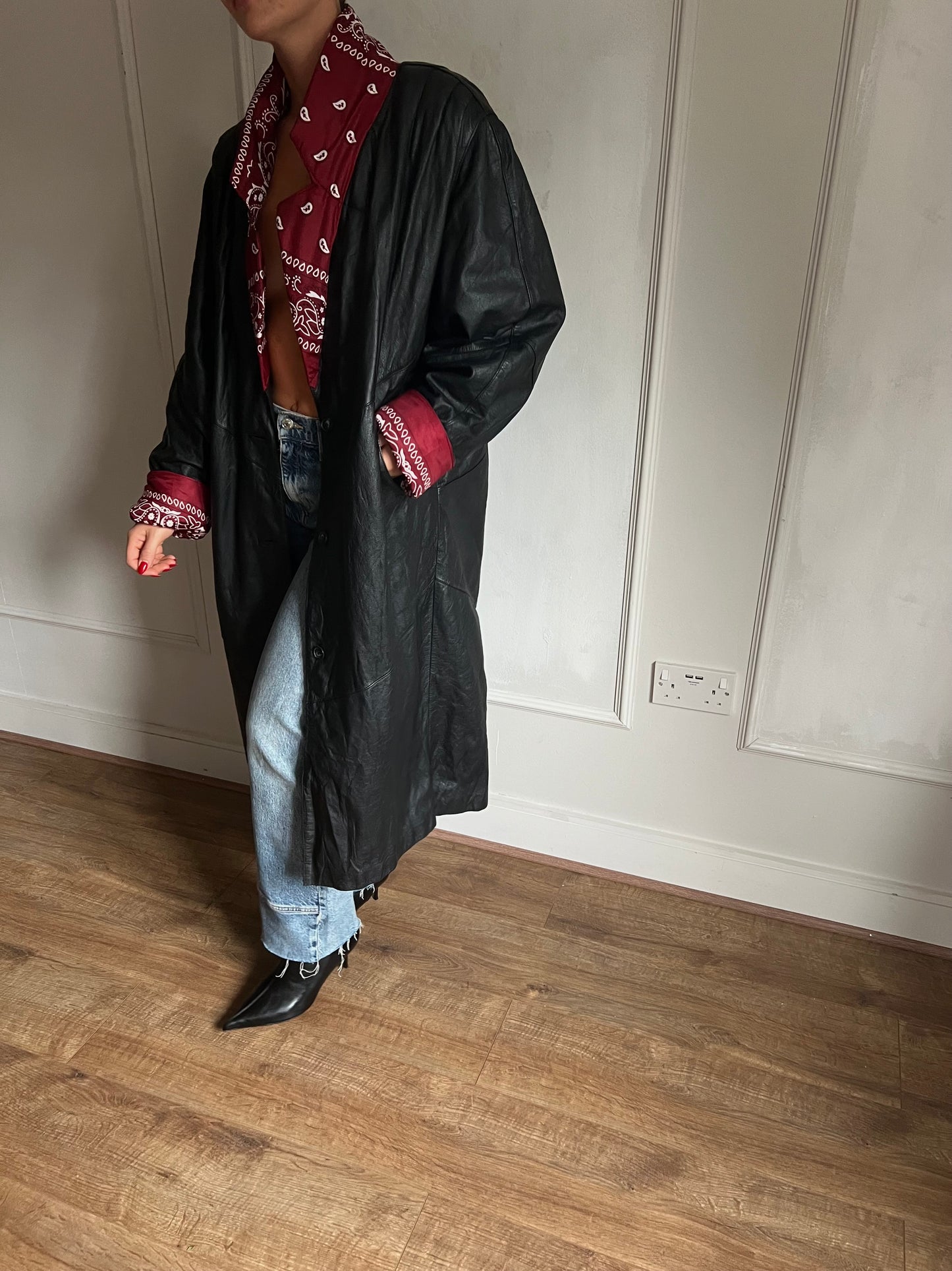 Longline Black Leather Bandana Trench
